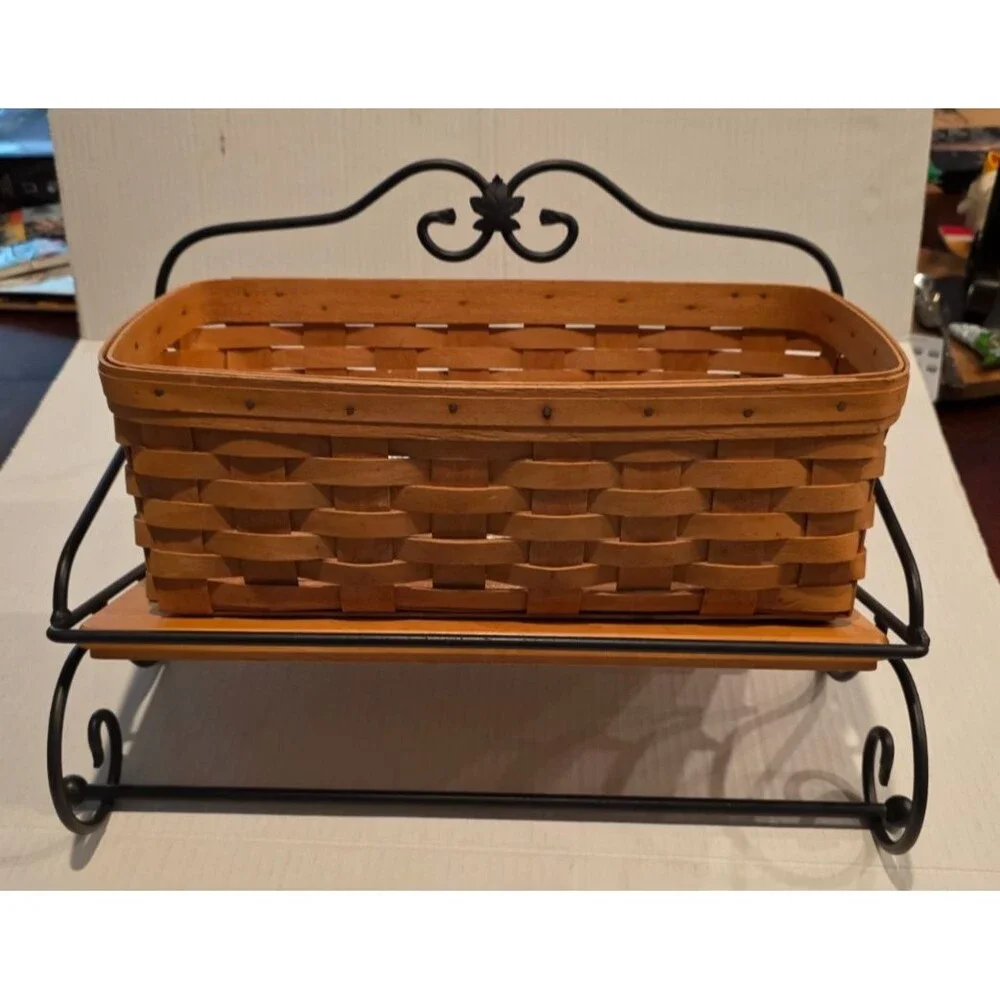 Longaberger Wrought Iron Towel Holder w/ Shelf & Vanity Basket Wall Mounted VTG
